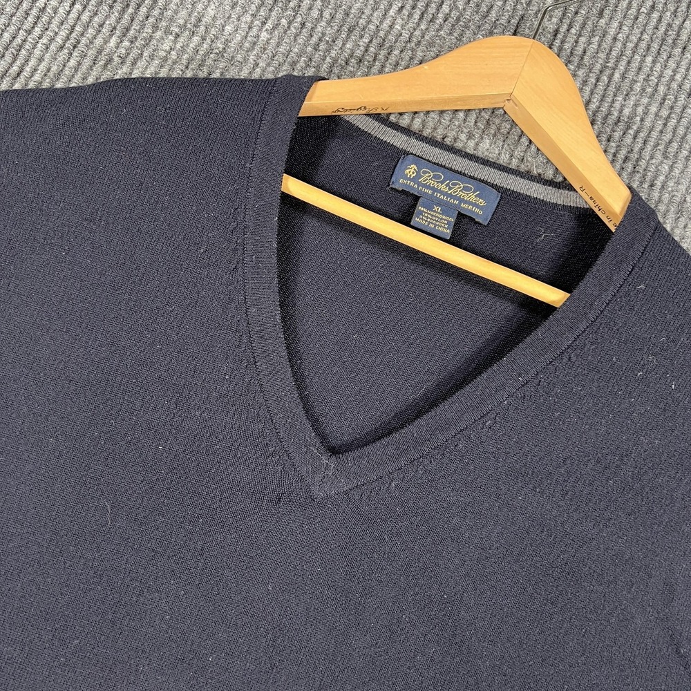 Brooks Brothers Sweater Mens XL Blue Extra Fine Merino Wool V Neck Pullover